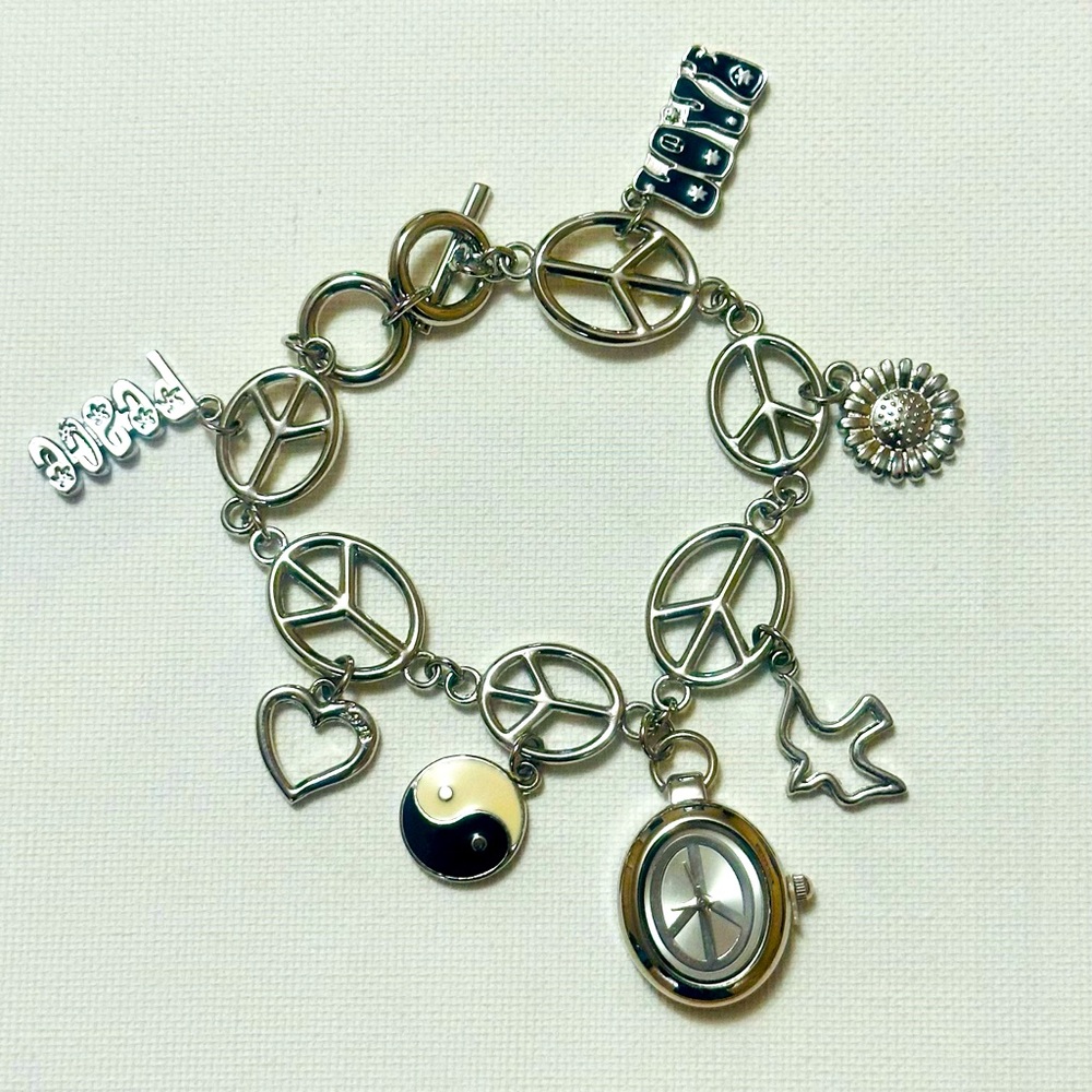 NWOT Bongo Silver Charm Bracelet with Peace Symbols And Bongo Watch